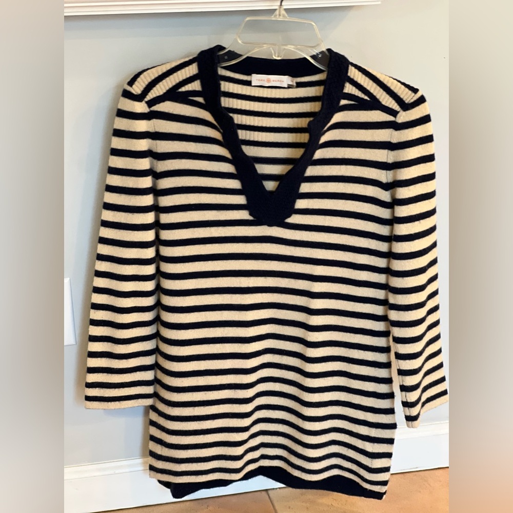 Tory Burch 100% Cashmere Striped V-Neck Sweater - Black and Cream